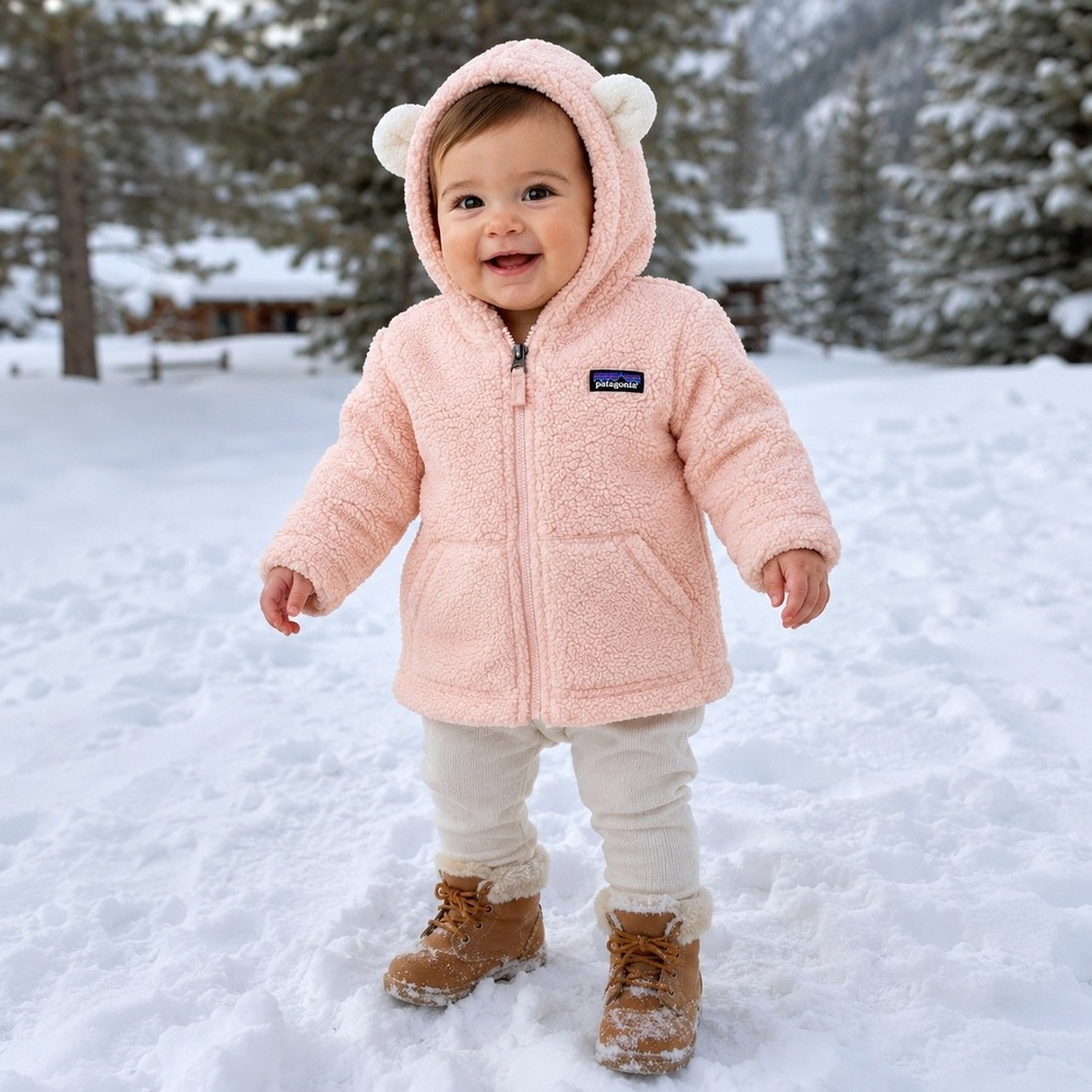 Patagonia Furry Friends Fleece Jacket Baby 12-18M Pink Excellent Bear Ears Hood